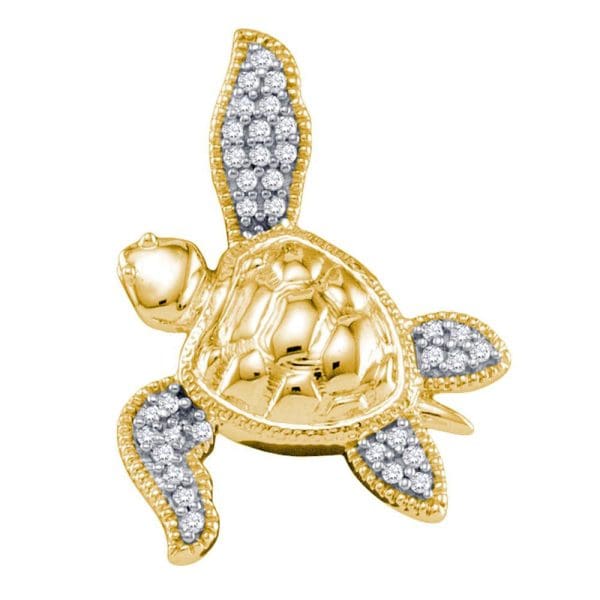 10k Yellow Gold Diamond  Sea Turtle Tortoise Animal Shell Pendant 1/10 Cttw