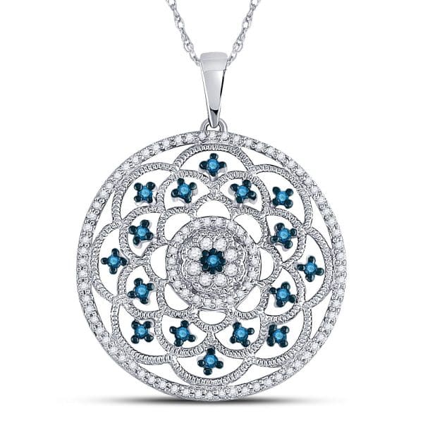 10kt White Gold  Round Blue Color Enhanced Diamond Circle Pendant 1/2 Cttw