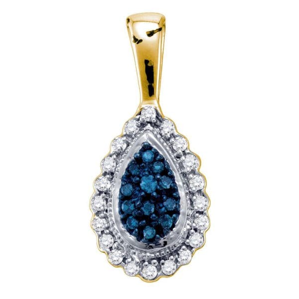 10kt Yellow Gold  Round Blue Color Enhanced Diamond Teardrop Pendant 1/6 Cttw