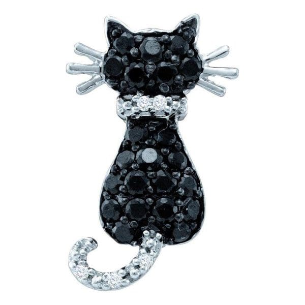 14kt White Gold  Round Black Color Enhanced Diamond Cat Pendant 1/3 Cttw