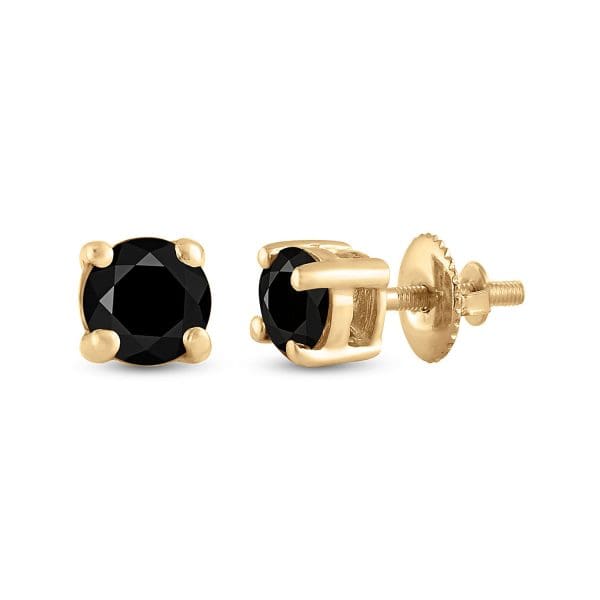 10kt Yellow Gold  Round Black Color Enhanced Diamond Solitaire Earrings 3/4 Cttw
