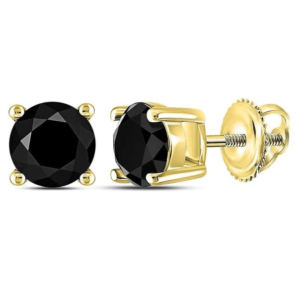 10kt Yellow Gold  Round Black Color Enhanced Diamond Solitaire Earrings 1-1/2 Cttw