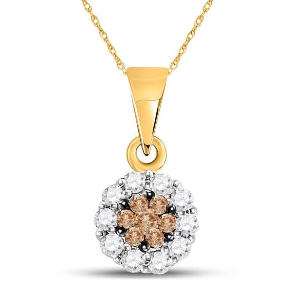 14k Yellow Gold Brown Flower Cluster Diamond  Pendant 1/4 Cttw