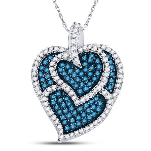 10kt White Gold  Round Blue Color Enhanced Diamond Tripled Heart Outline Pendant 1 Cttw