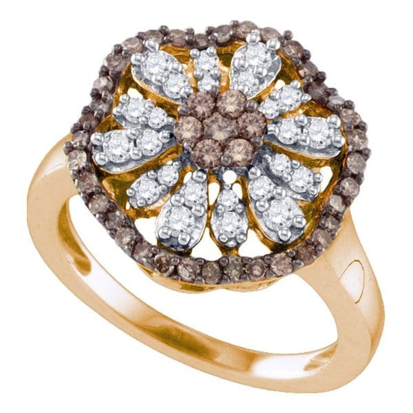 10k Rose Gold  Brown Round Diamond Flower Cluster Ring 3/4 Cttw