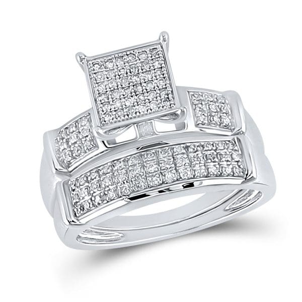 His s Round Diamond Square Matching Wedding Set - Sterling Silver - Image 2