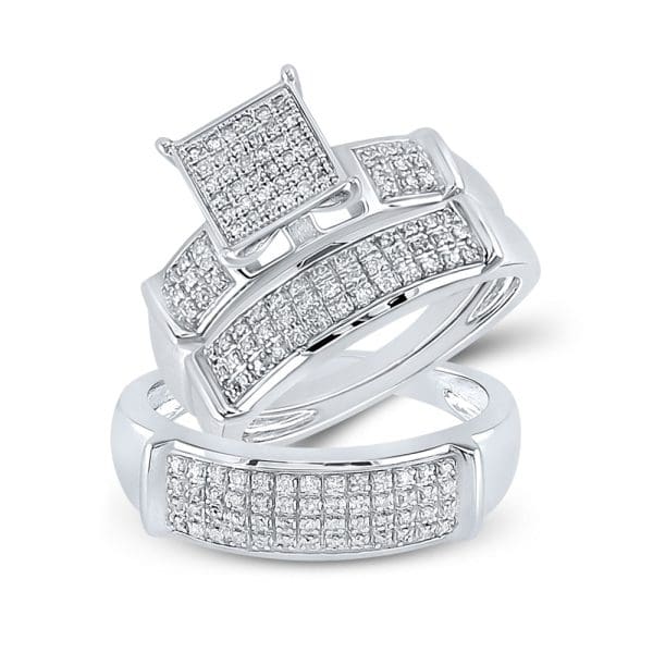 His s Round Diamond Square Matching Wedding Set - Sterling Silver