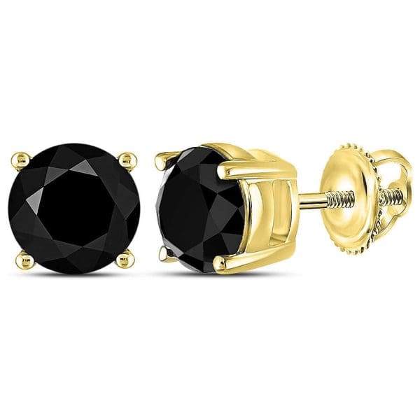 10kt Yellow Gold  Round Black Color Enhanced Diamond Solitaire Earrings 3 Cttw