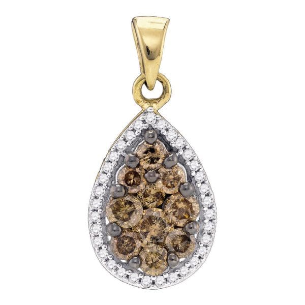 10kt Yellow Gold  Round Brown Diamond Teardrop Pendant 3/4 Cttw