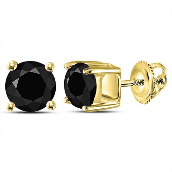 14kt Yellow Gold  Round Black Color Enhanced Diamond Solitaire Stud Earrings 2 Cttw