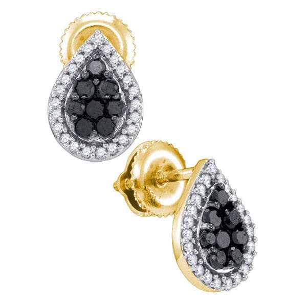 10kt Yellow Gold  Round Black Color Enhanced Diamond Cluster Earrings 1/2 Cttw