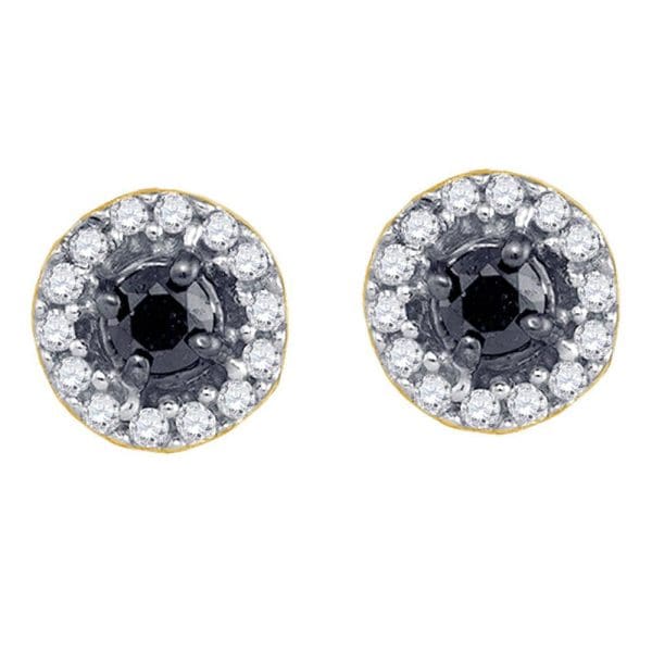 10kt Yellow Gold  Round Black Color Enhanced Diamond Cluster Earrings 1/5 Cttw