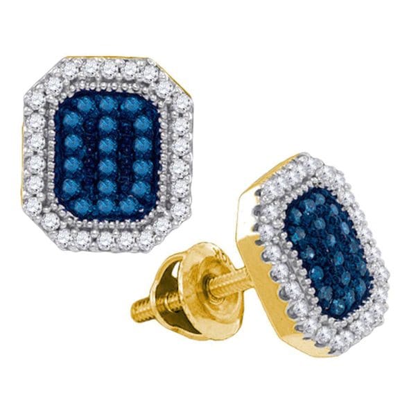 10kt Yellow Gold  Round Blue Color Enhanced Diamond Cluster Earrings 1/4 Cttw