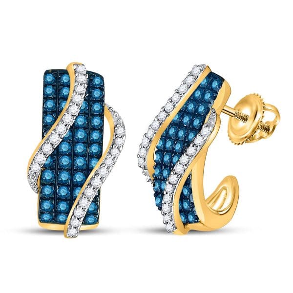 10kt Yellow Gold  Round Blue Color Enhanced Diamond Half J Hoop Earrings 1 Cttw