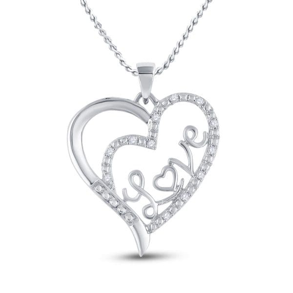 Sterling Silver  Round Diamond Love Heart Pendant 1/10 Cttw