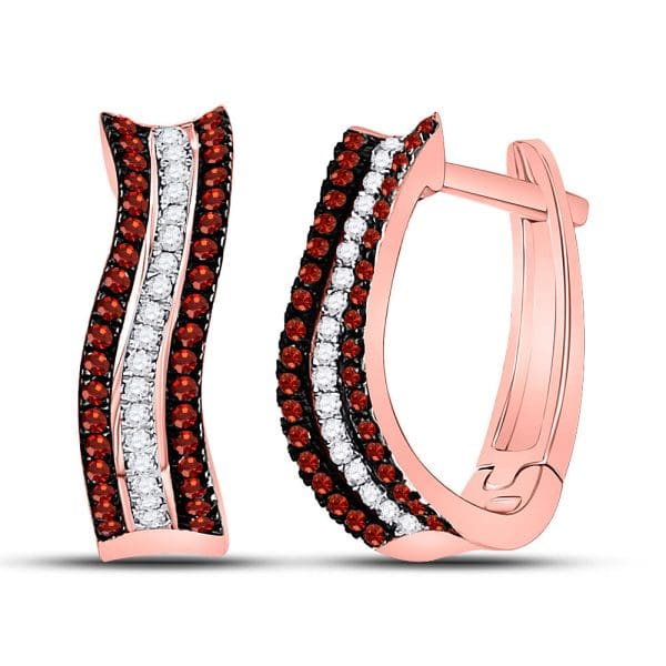 10kt Rose Gold  Round Red Color Enhanced Diamond Curved Hoop Earrings 1/4 Cttw
