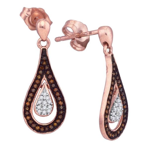 10kt Rose Gold  Round Red Color Enhanced Diamond Teardrop Dangle Earrings 1/5 Cttw