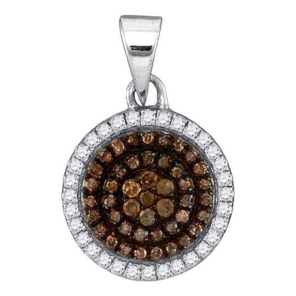 10kt White Gold  Round Brown Diamond Circle Frame Cluster Pendant 1/3 Cttw