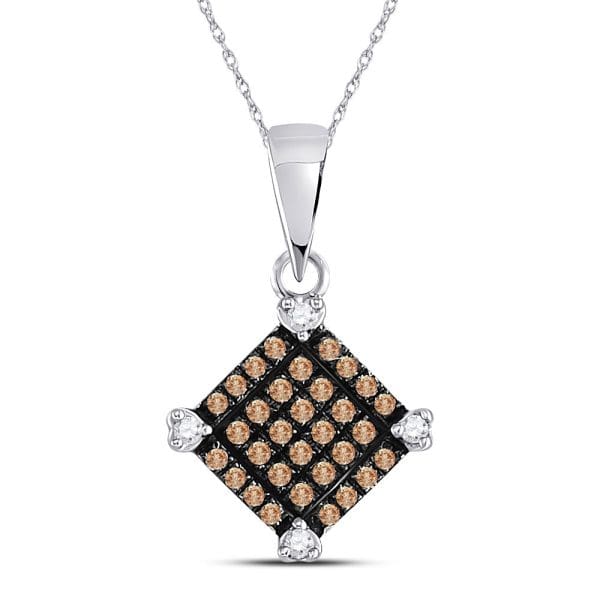 10kt White Gold  Round Brown Diamond Square Pendant 1/6 Cttw