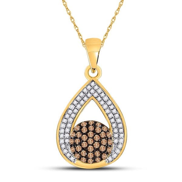 10kt Yellow Gold  Round Brown Diamond Teardrop Cluster Pendant 1/3 Cttw