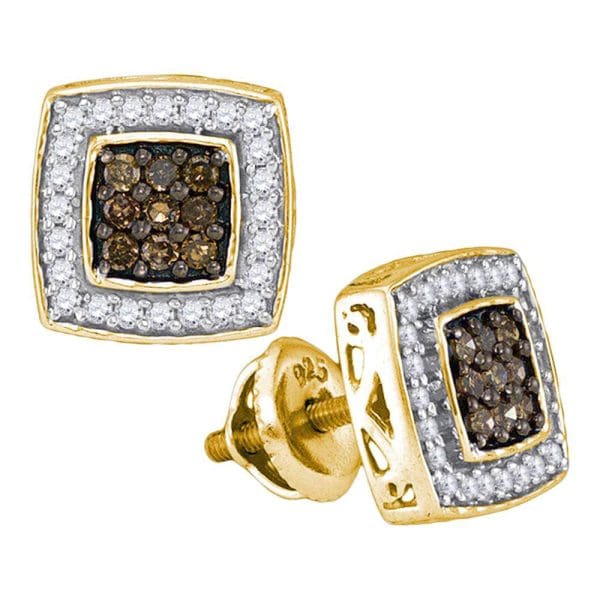 10kt Yellow Gold  Round Brown Diamond Square Cluster Earrings 1/2 Cttw