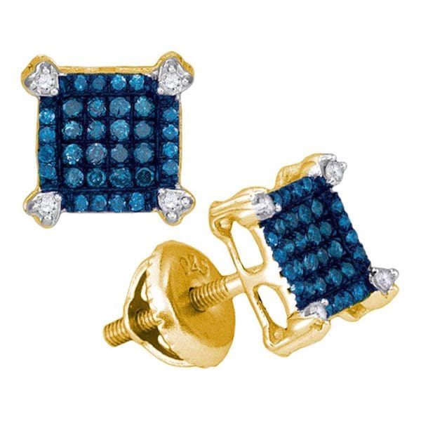 10kt Yellow Gold  Round Blue Color Enhanced Diamond Square Cluster Earrings 1/4 Cttw