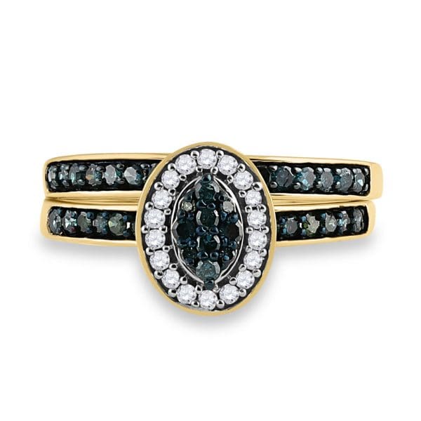 10kt Yellow Gold Round Blue Color Enhanced Diamond Bridal Wedding Ring Band Set 1/2 Cttw - Image 2