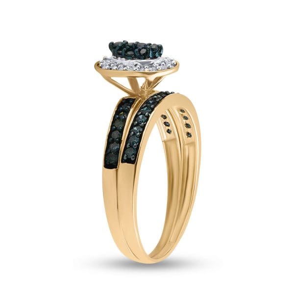 10kt Yellow Gold Round Blue Color Enhanced Diamond Bridal Wedding Ring Band Set 1/2 Cttw - Image 5