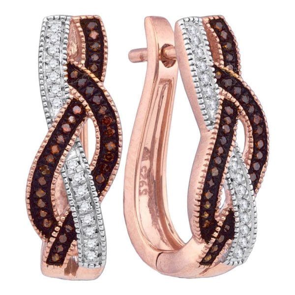 10kt Rose Gold  Round Red Color Enhanced Diamond Woven Hoop Earrings 1/4 Cttw