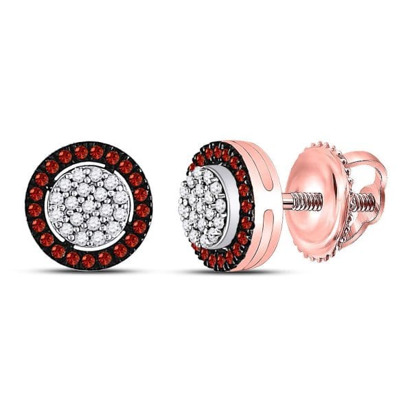 10kt Rose Gold  Round Red Color Enhanced Diamond Cluster Earrings 1/5 Cttw