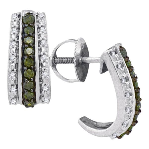 10kt White Gold  Round Green Color Enhanced Diamond Half J Hoop Earrings 1/3 Cttw