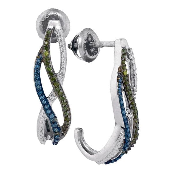 10kt White Gold  Round Green Blue Color Enhanced Diamond Half J Hoop Earrings 1/4 Cttw