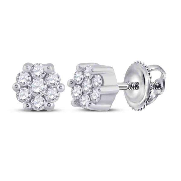 14kt White Gold  Round Diamond Flower Cluster Earrings 1/6 Cttw
