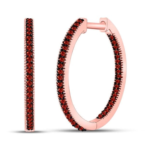 10kt Rose Gold  Round Red Color Enhanced Diamond Hoop Earrings 1/4 Cttw