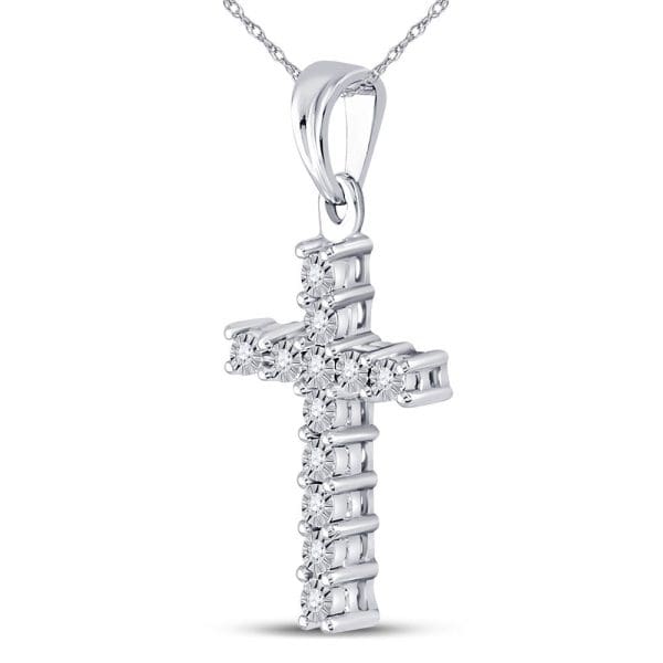 10kt White Gold  Round Diamond Cross Pendant 1/20 Cttw - Image 2