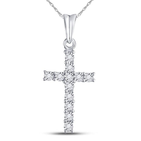 10kt White Gold  Round Diamond Cross Pendant 1/20 Cttw