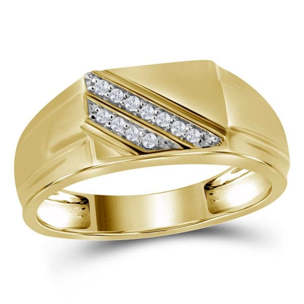 10kt Yellow Gold His Round Diamond Diagonal Row Flat Top Fashion Ring 1/12 Cttw