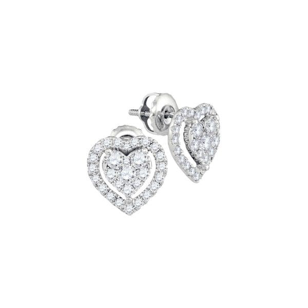 14kt White Gold  Round Diamond Heart Frame Cluster Stud Earrings 3/4 Cttw
