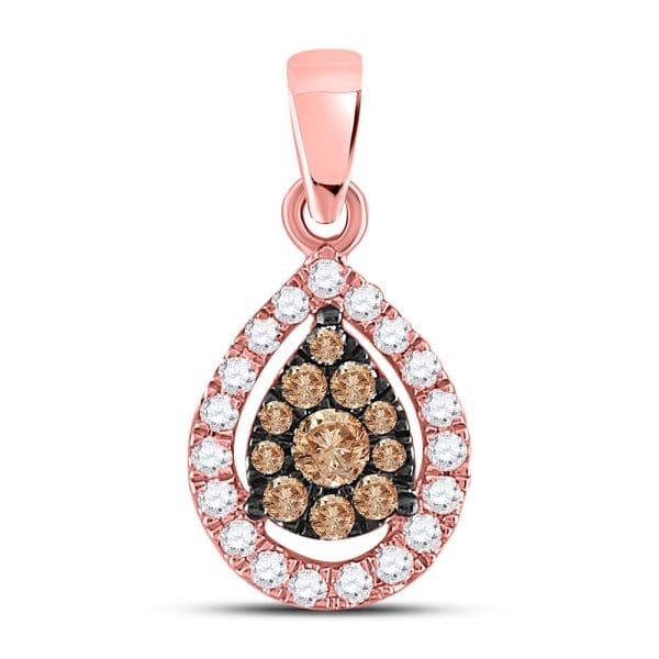 14kt Rose Gold  Round Brown Diamond Teardrop Cluster Pendant 1/3 Cttw