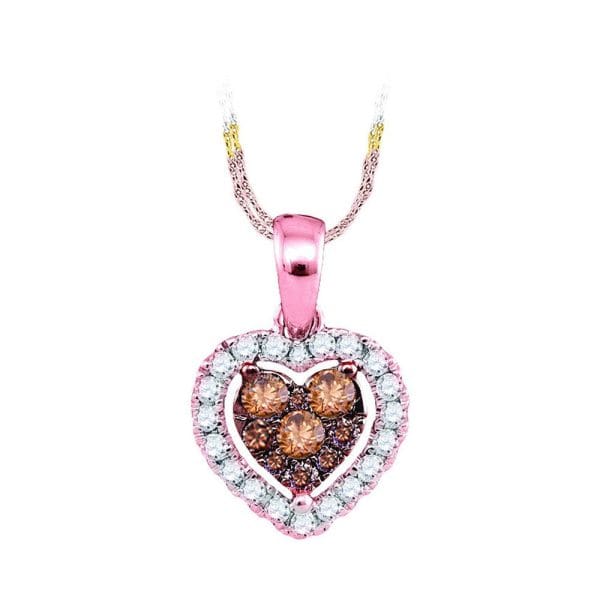 14kt Rose Gold  Round Brown Diamond Frame Heart Cluster Pendant 1/3 Cttw