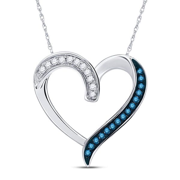 10kt White Gold  Round Blue Color Enhanced Diamond Heart Outline Pendant 1/5 Cttw