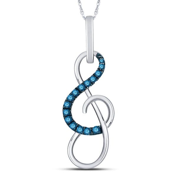 10kt White Gold  Round Blue Color Enhanced Diamond Treble Clef Music Pendant 1/10 Cttw