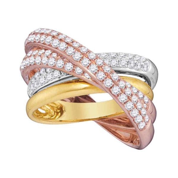 14kt Tri-Tone Gold  Round Diamond Fashion Crossover Band Ring 1-1/4 Cttw