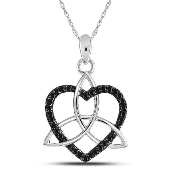 10kt White Gold  Round Black Color Enhanced Diamond Triquetra Heart Pendant 1/10 Cttw