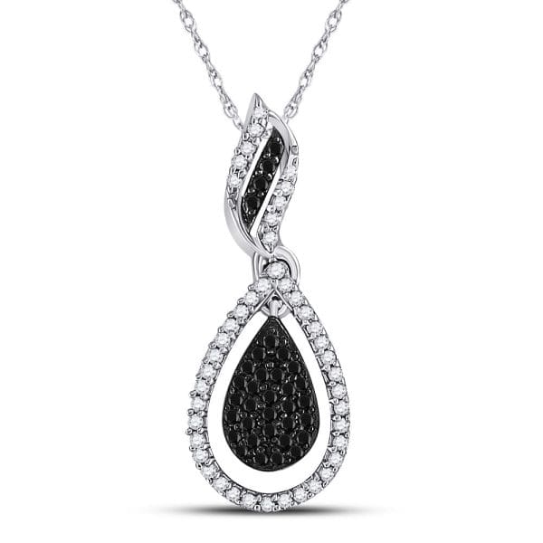 10kt White Gold  Round Black Color Enhanced Diamond Teardrop Pendant 1/3 Cttw