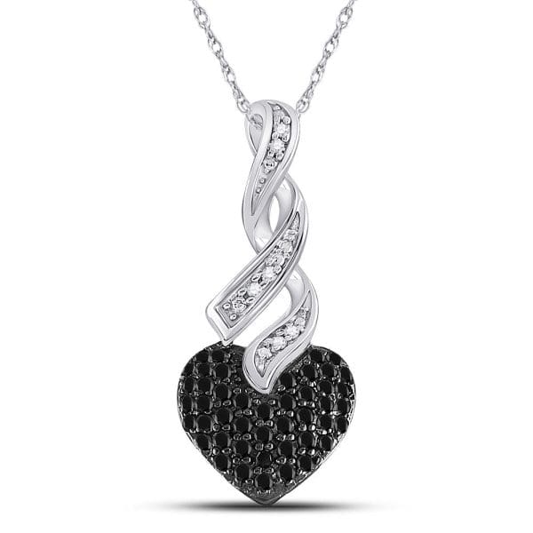 10kt White Gold  Round Black Color Enhanced Diamond Heart Pendant 1/3 Cttw