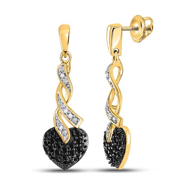 10kt Yellow Gold  Round Black Color Enhanced Diamond Heart Earrings 1/5 Cttw