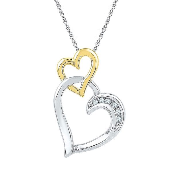 Two-tone Sterling Silver  Round Diamond Double Heart Pendant .03 Cttw