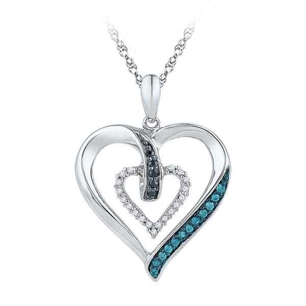 10kt White Gold  Round Black Blue Color Enhanced Diamond Heart Pendant 1/6 Cttw