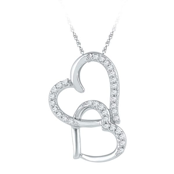 10kt White Gold  Round Diamond Linked Double Heart Pendant 1/10 Cttw